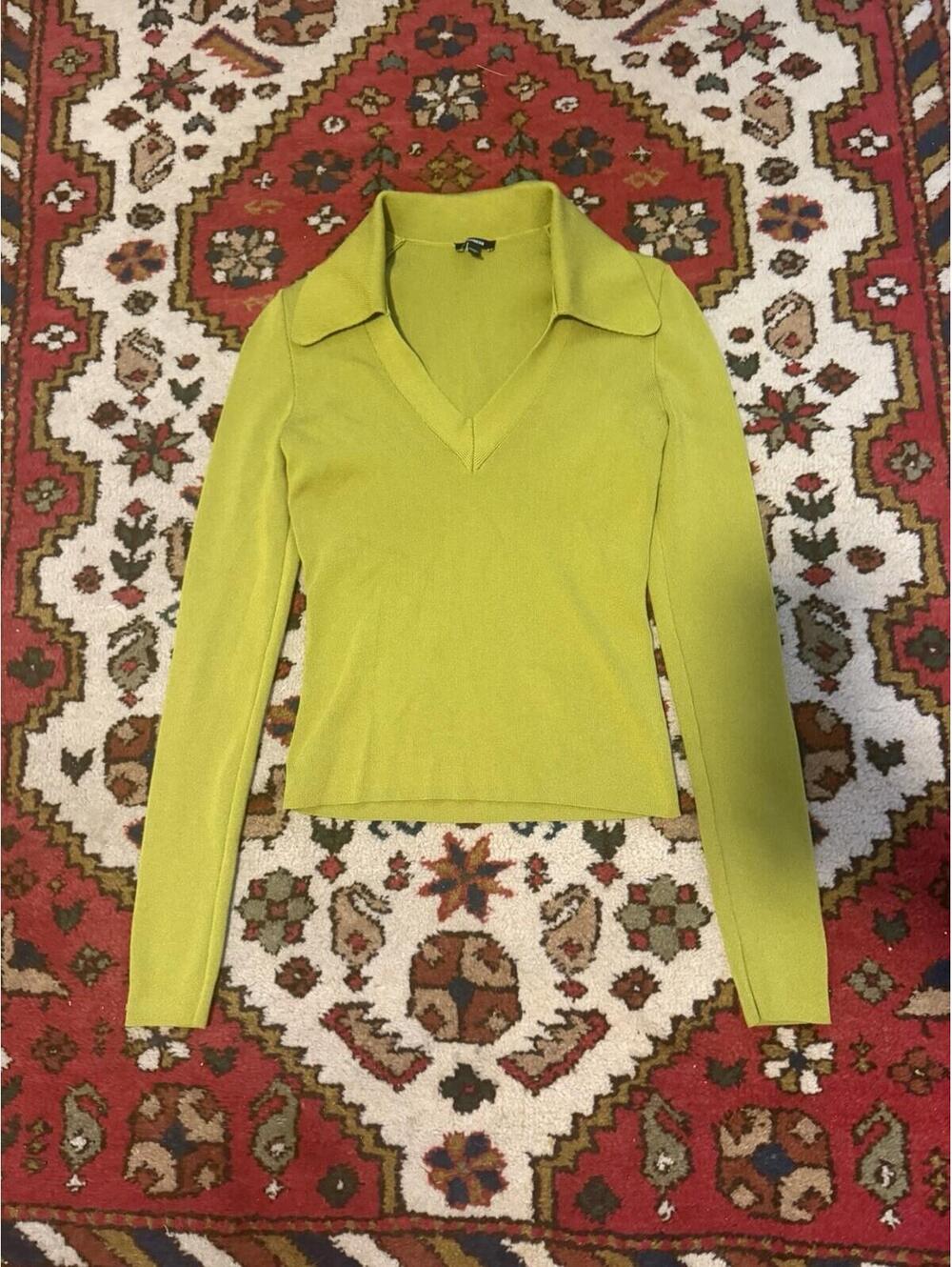Express Ribbed Knit Collared V-Neck Long Sleeve Pullover Sweater Green XS